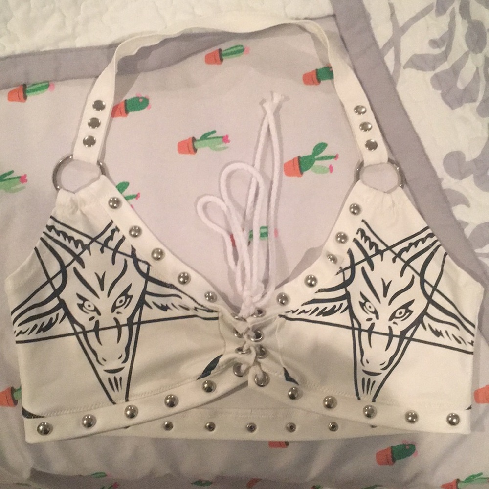Satanic goat white studded bra